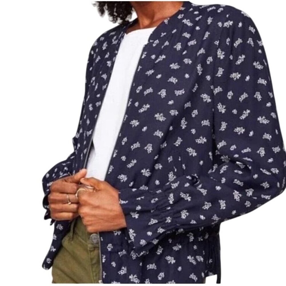 LOFT Womens XS Navy Floral peplum bomber Jacket tie Waist Ruffled Cuffs cottage